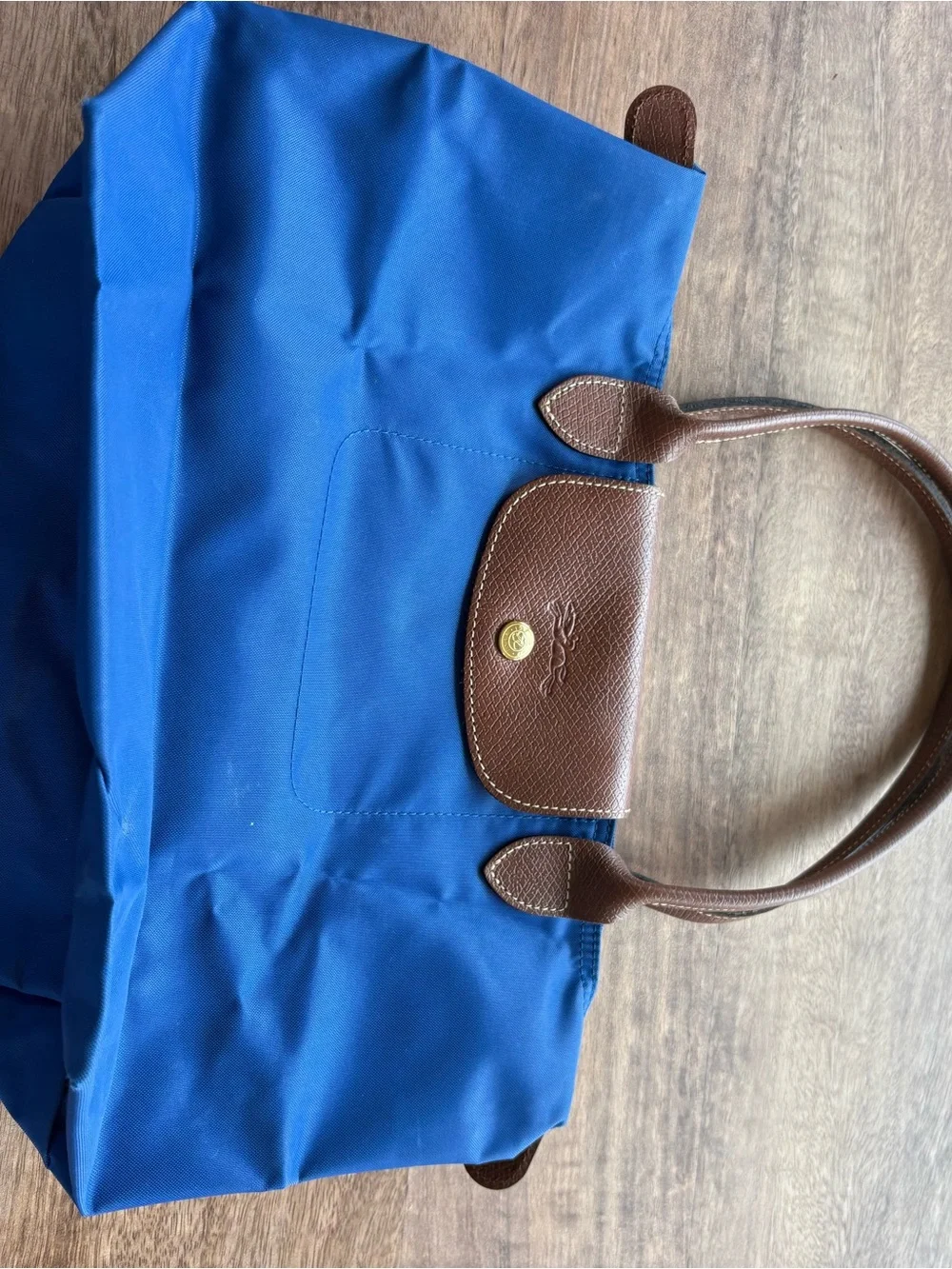 Longchamp Le Pliage Blue Nylon Tote with Brown Leather Trim